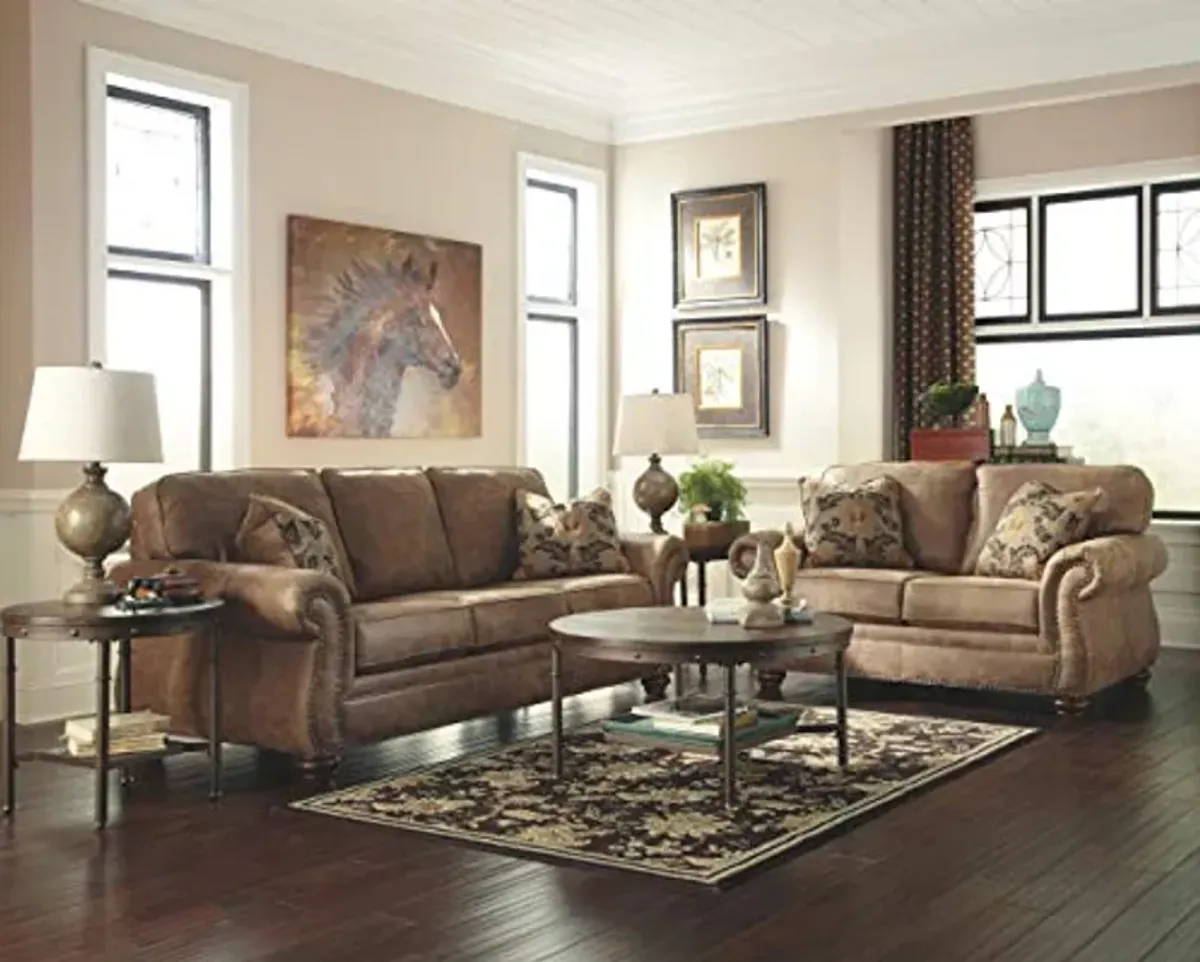 Signature Design by Ashley Larkinhurst Faux Leather Queen Sofa Sleeper with Nailhead Trim and 2 Accent Pillows, Brown