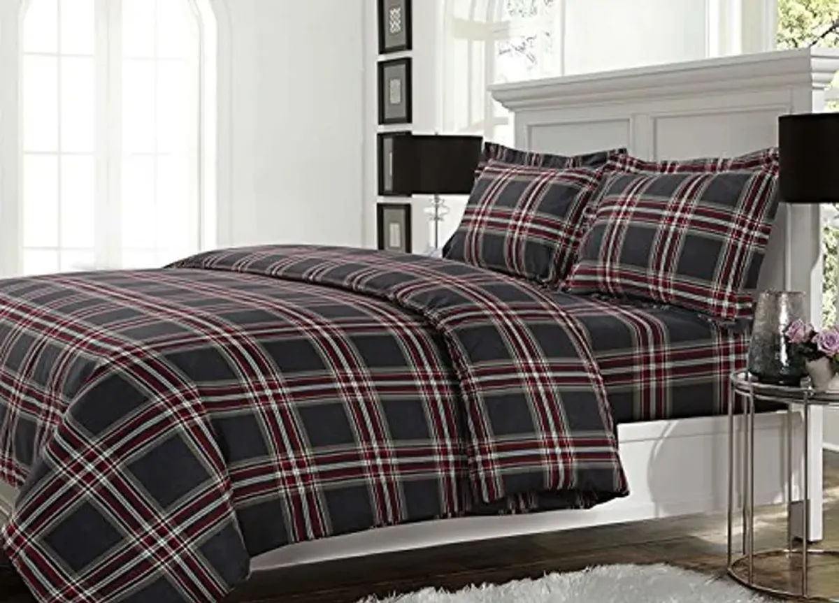 Tribeca Living HEPL170DUVETQU Heritage Plaid 170-GSM Brushed Flannel Printed Oversized Duvet Cover Set Queen, Multicolor