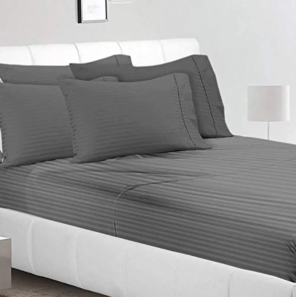 SlumberWell Bedding Bed Sheet Set - 4 Piece Full Bedding - 600-Thread-Count 100% Cotton Fabric - Shrinkage & Fade Resistant - Easy Care (Full,Grey Stripe)