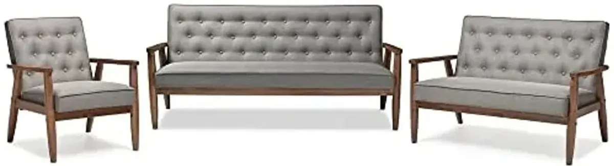 Baxton Studio Sorrento Mid-century Retro Modern Grey Fabric Upholstered Wooden 3 Piece Living room Set