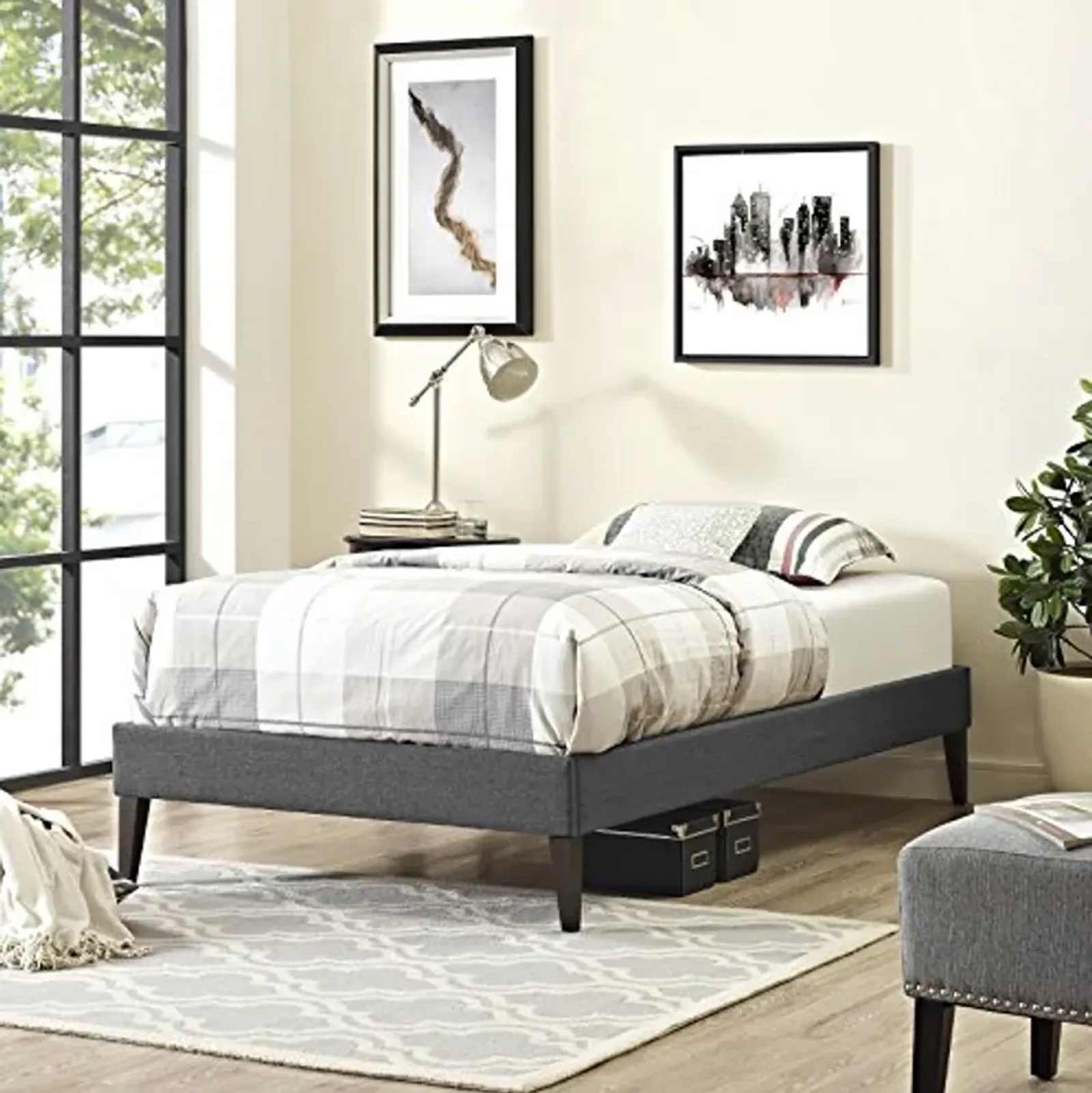 Modway Sharon Twin Fabric Bed Frame with Squared Tapered Legs, Gray