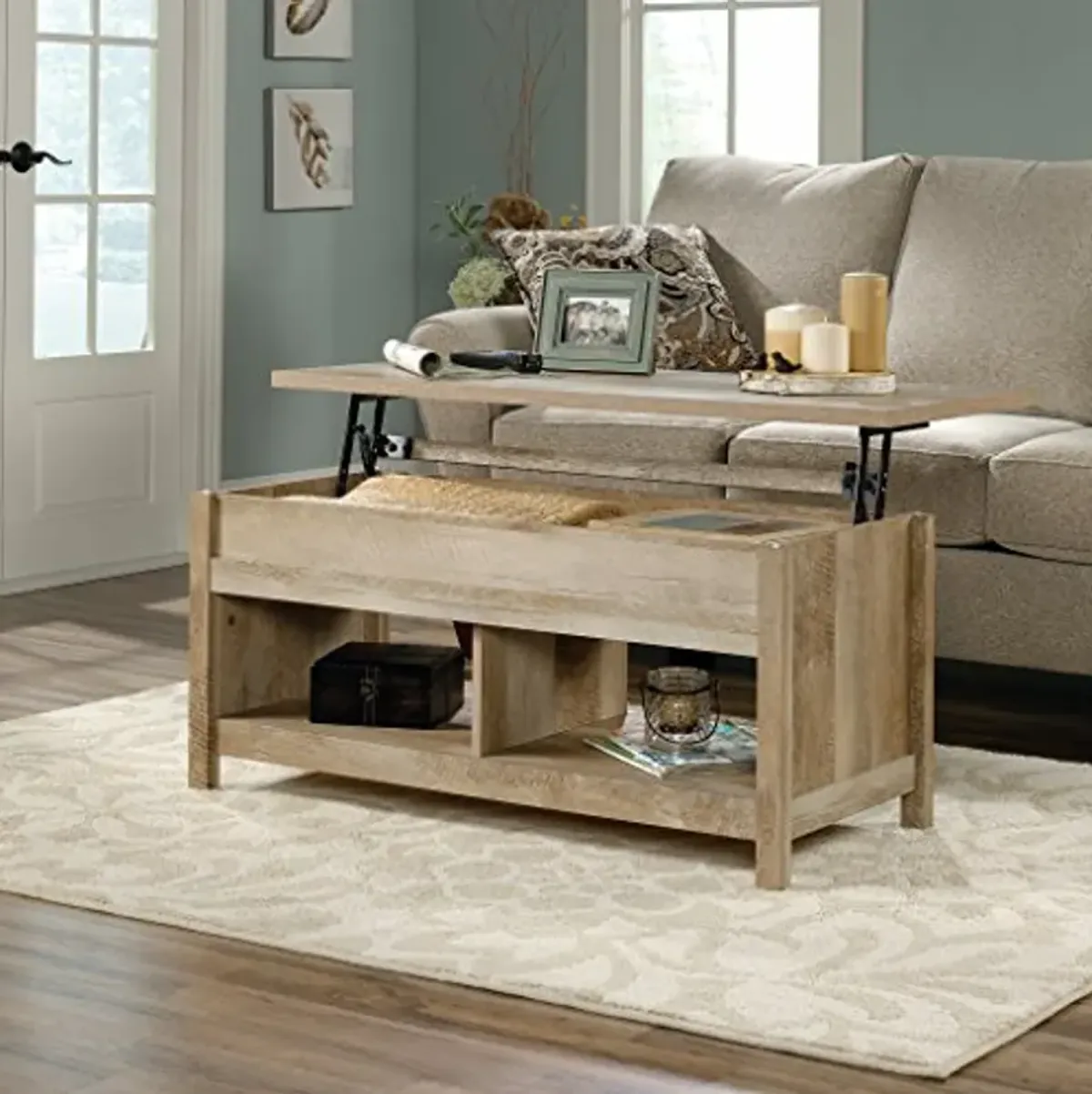 Sauder Cannery Bridge Lift Top Storage Coffe Table for Living Room, L: 43.15" x W: 19.45" x H: 19.02", Lintel Oak