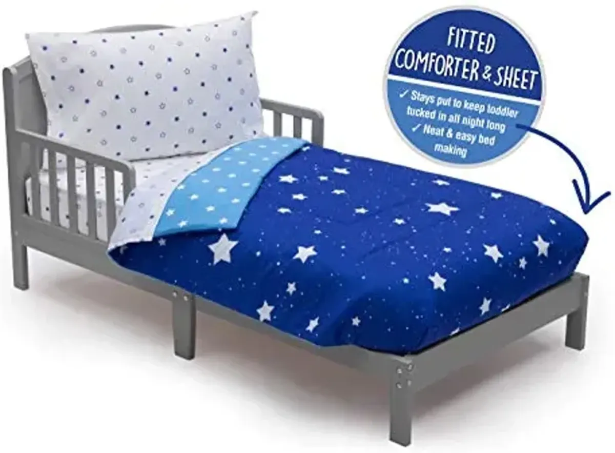 Delta Children 4 Piece Toddler Bedding Set for Boys - Reversible 2-in-1 Comforter - Includes Fitted Comforter to Keep Little Ones Snug, Bottom Sheet, Top Sheet, Pillow Case - Blue Stars