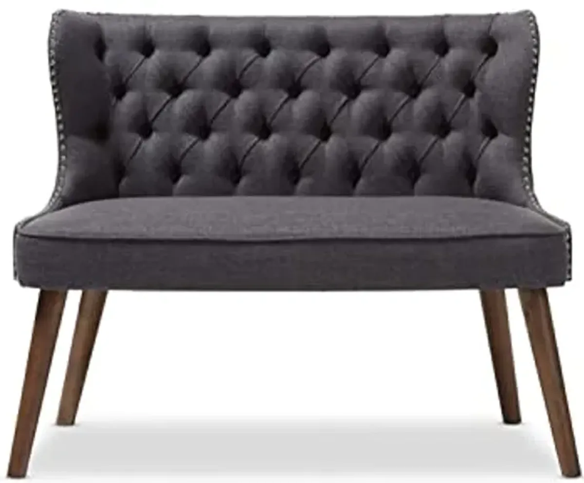 Baxton Studio Scarlett Mid-Century Modern Brown Wood and Dark Grey Fabric Upholstered Button-Tufting with Nail Heads Trim 2-Seater Loveseat Settee