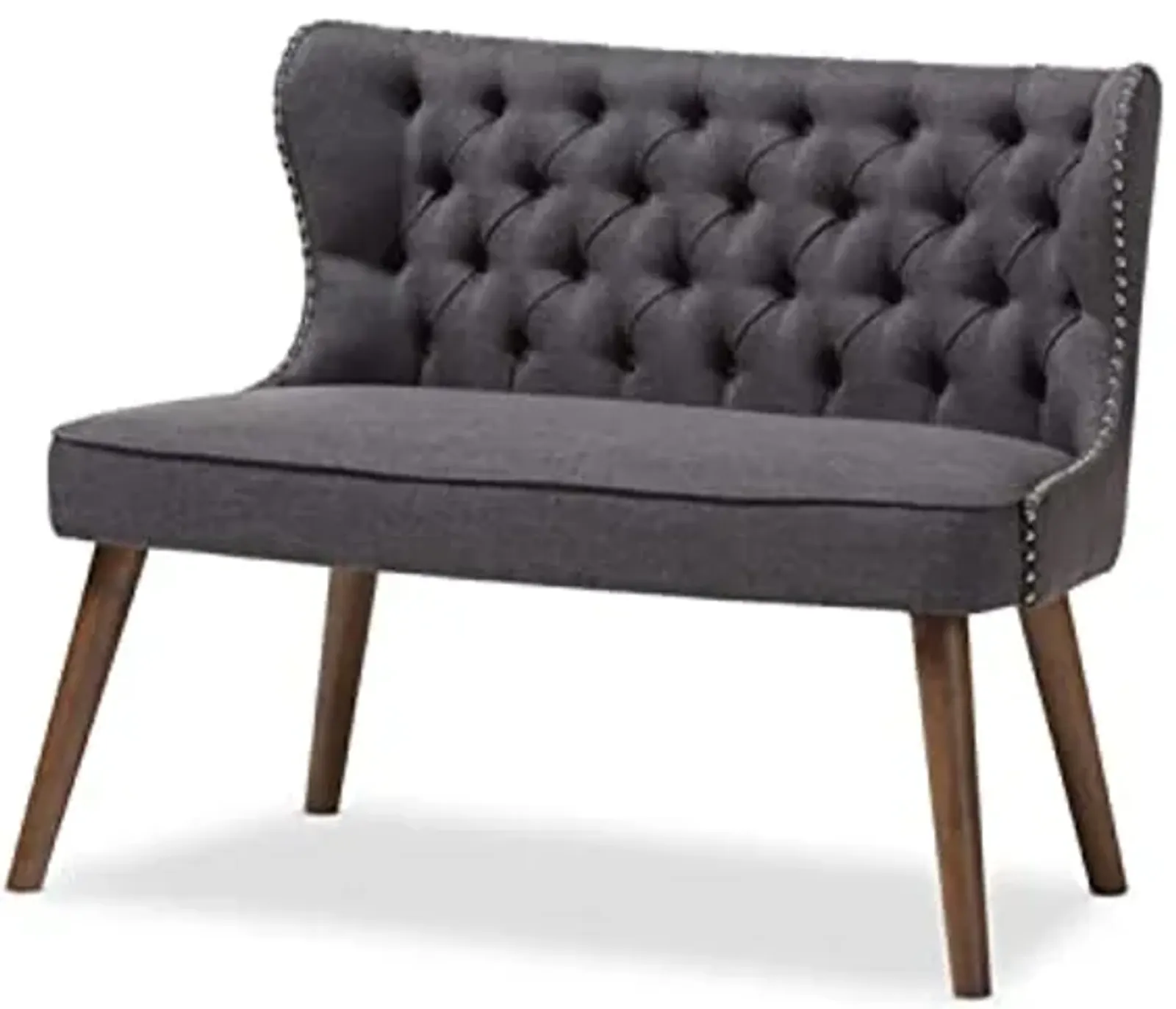 Baxton Studio Scarlett Mid-Century Modern Brown Wood and Dark Grey Fabric Upholstered Button-Tufting with Nail Heads Trim 2-Seater Loveseat Settee