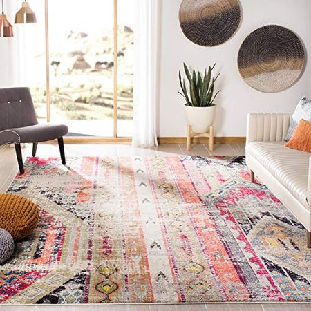 SAFAVIEH Monaco Collection 9' x 12' Light GreyMulti MNC222G Boho Chic Tribal Distressed Non-Shedding Living Room Bedroom Dining Home Office Area Rug