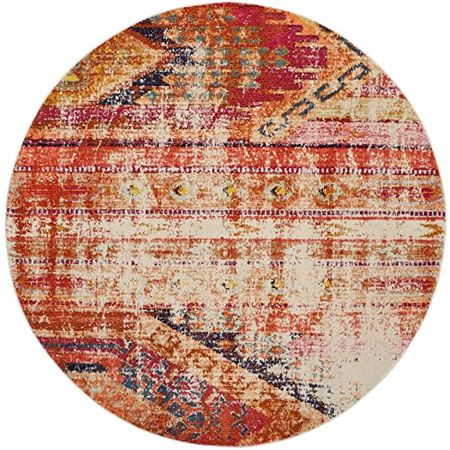 SAFAVIEH Monaco Collection 5' Round Orange / Multi MNC222H Boho Chic Tribal Distressed Non-Shedding Dining Room Entryway Foyer Living Room Bedroom Area Rug