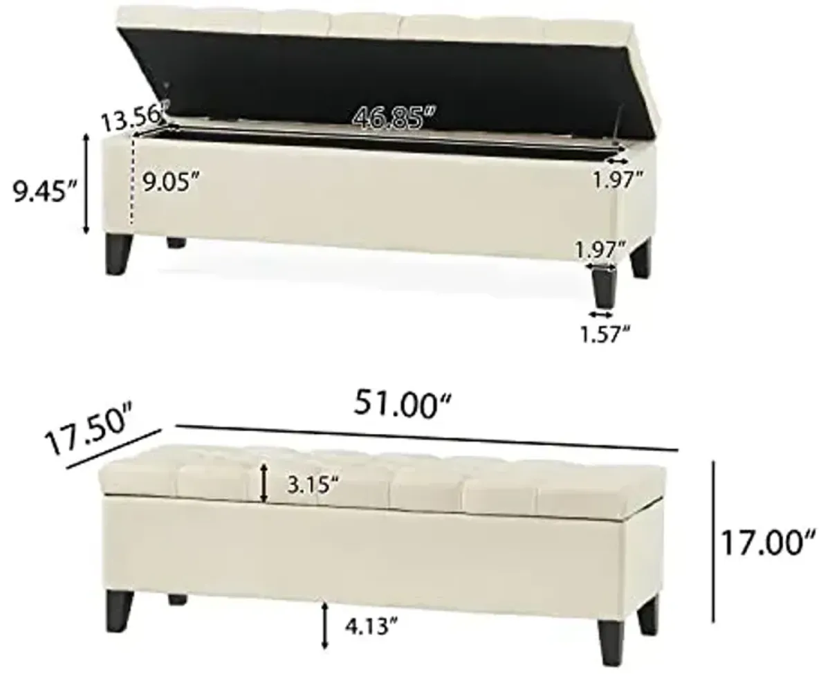 Christopher Knight Home Ottilie Velvet Storage Ottoman, Ivory 17.5”D x 51.0”W x 17.00”H