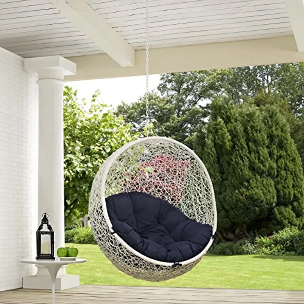 Modway Hide Wicker Rattan Outdoor Patio Swing Chair with Hanging Steel Chain in White Navy