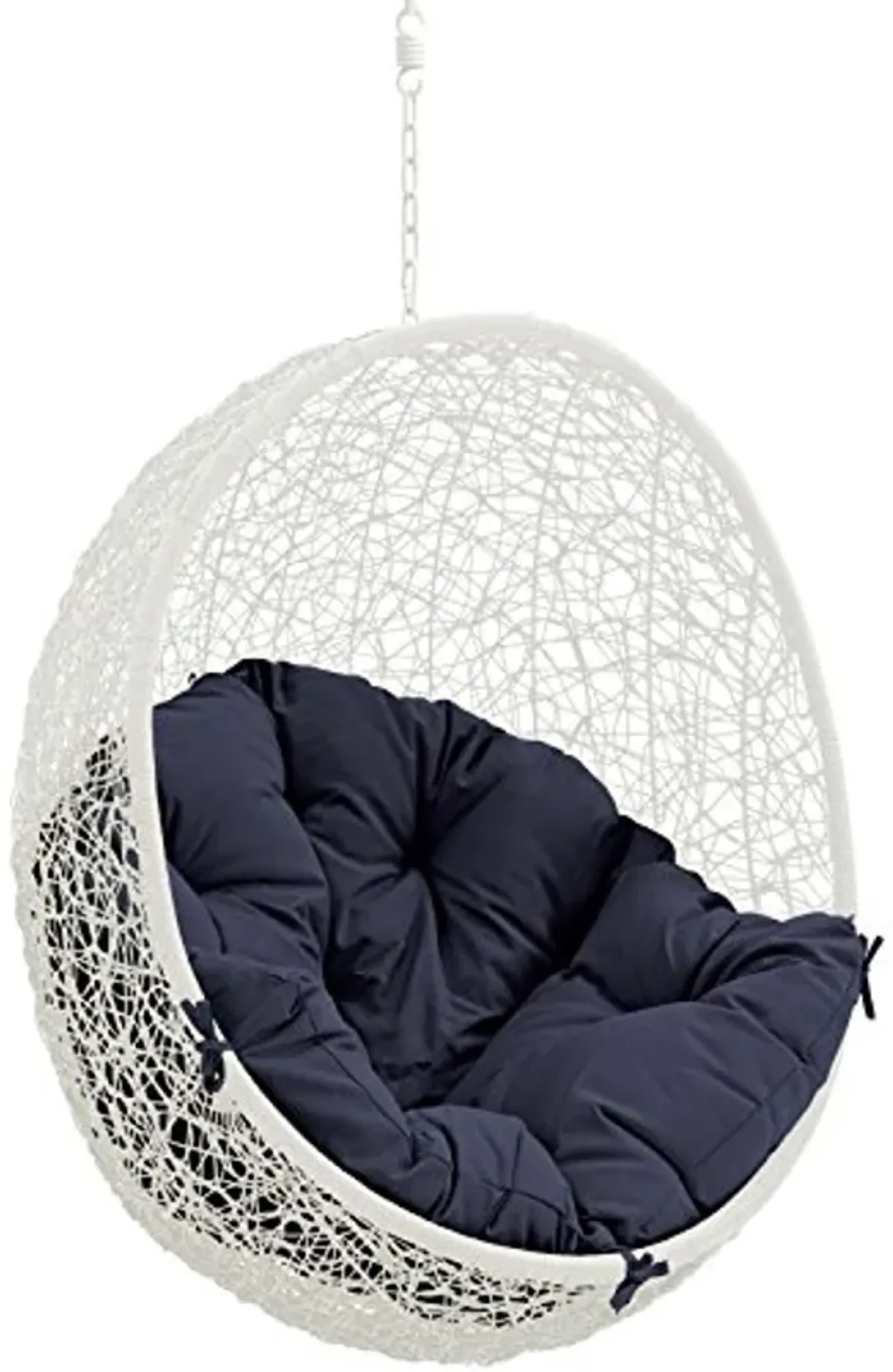 Modway Hide Wicker Rattan Outdoor Patio Swing Chair with Hanging Steel Chain in White Navy