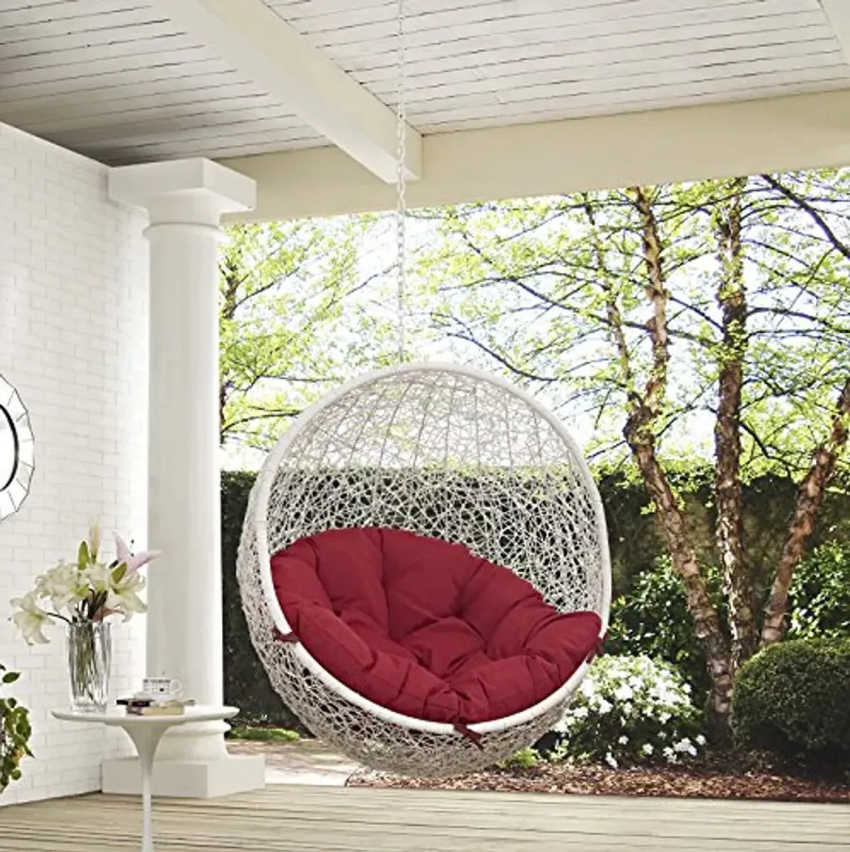 Modway EEI-2654-WHI-RED Hide Wicker Rattan Outdoor Patio with Hanging Steel Chain, Swing Chair Without Stand, Red