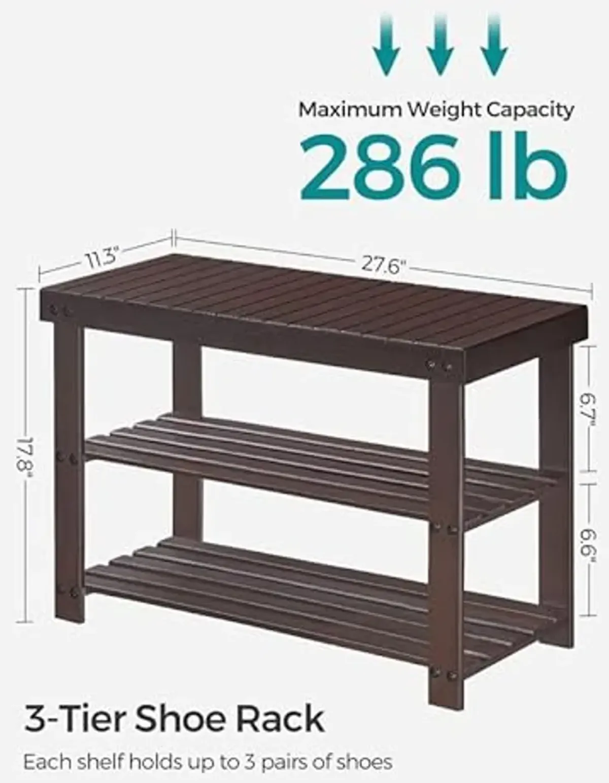 SONGMICS Shoe Rack Bench, 3-Tier Bamboo Shoe Storage Organizer, Entryway Bench, Holds Up to 286 lb, 11.3 x 27.6 x 17.8 Inches, for Entryway Bathroom Bedroom, Brown ULBS04Z