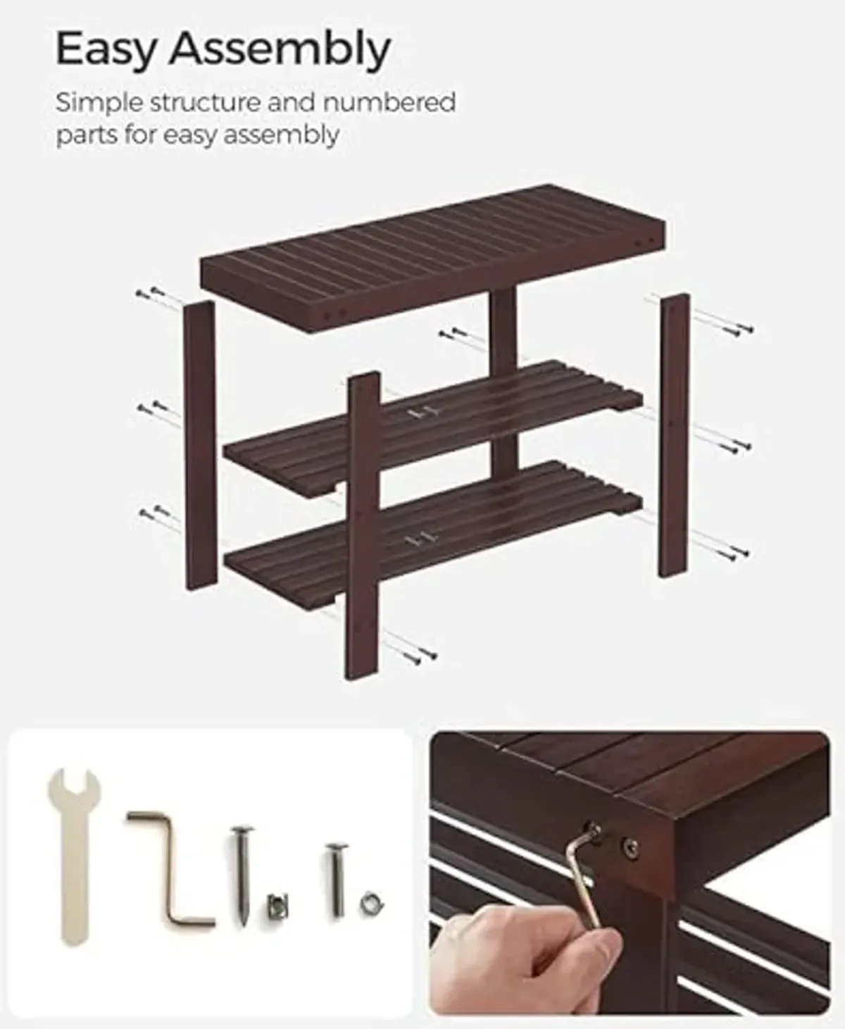 SONGMICS Shoe Rack Bench, 3-Tier Bamboo Shoe Storage Organizer, Entryway Bench, Holds Up to 286 lb, 11.3 x 27.6 x 17.8 Inches, for Entryway Bathroom Bedroom, Brown ULBS04Z