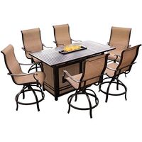 Hanover High-Dining Set Rockers and a 30,000 BTU Monaco 7-Piece Rust-Free 6 PVC Sling Counter-Height Swivel Chairs and Aluminum Slat Rectangular Fire Pit Table, Tan