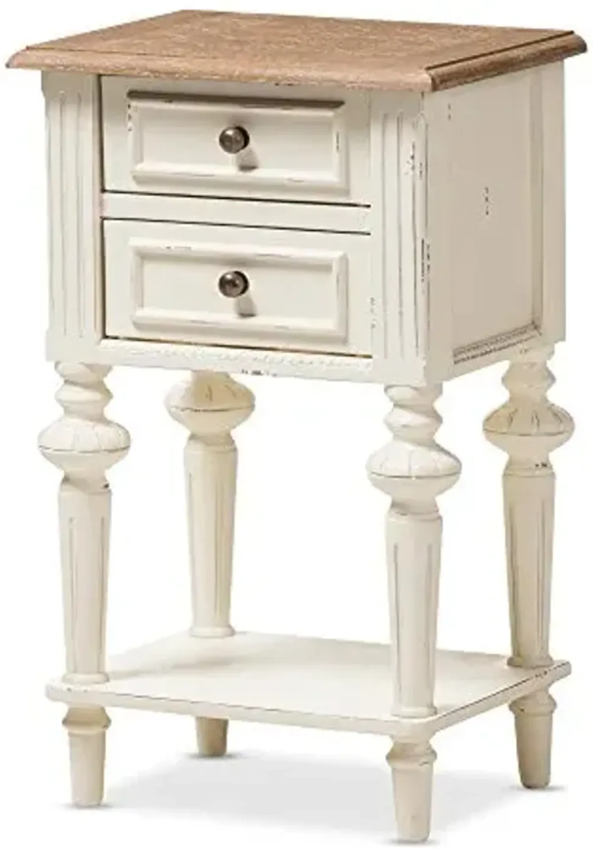 Baxton Studio Colette Weathered Oak White Wash Distressed Two-Tone 2-Drawer 1-Shelf Nightstand