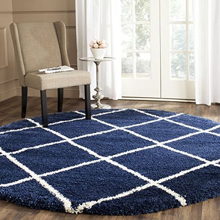 SAFAVIEH Hudson Shag Collection 5' Round Navy/Ivory SGH281C Modern Diamond Trellis Non-Shedding Living Room Bedroom Dining Room Entryway Plush 2-inch Thick Area Rug