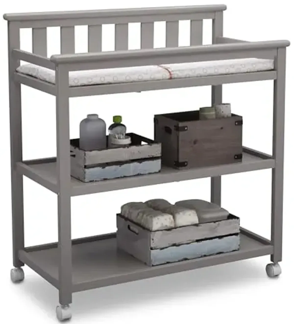 Delta Children Flat Top Changing Table with Wheels and Changing Pad - Greenguard Gold Certified, Grey