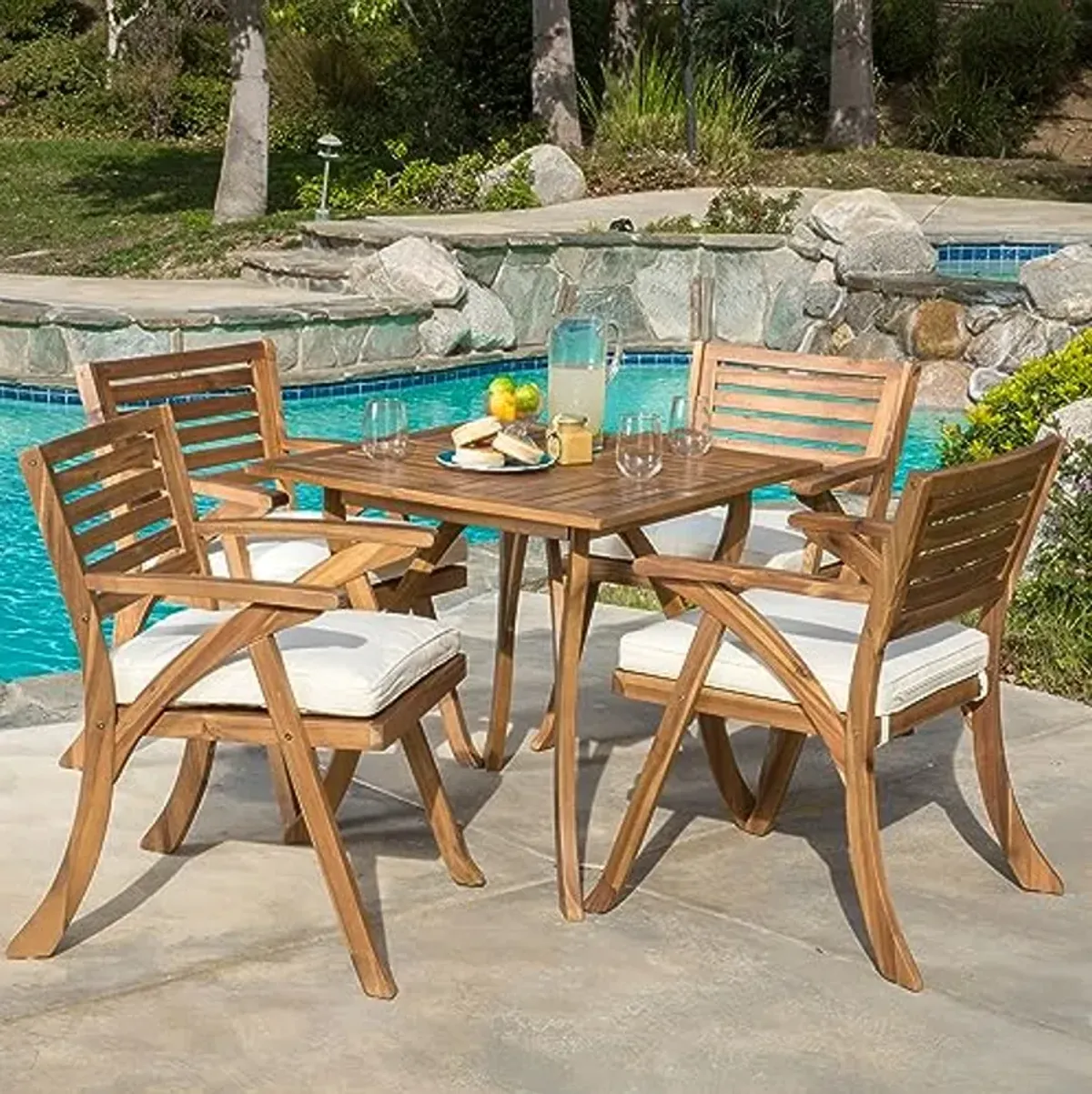 Christopher Knight Home Hermosa Acacia Wood Dining Set, 5-Pcs Set, Teak Finish