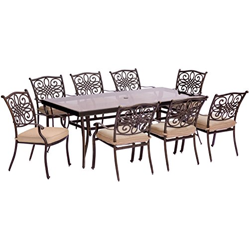 Hanover TRADDN9PCG Traditions 9 Piece Set in Tan with Extra-Long Glass-Top Dining Table Outdoor Furniture
