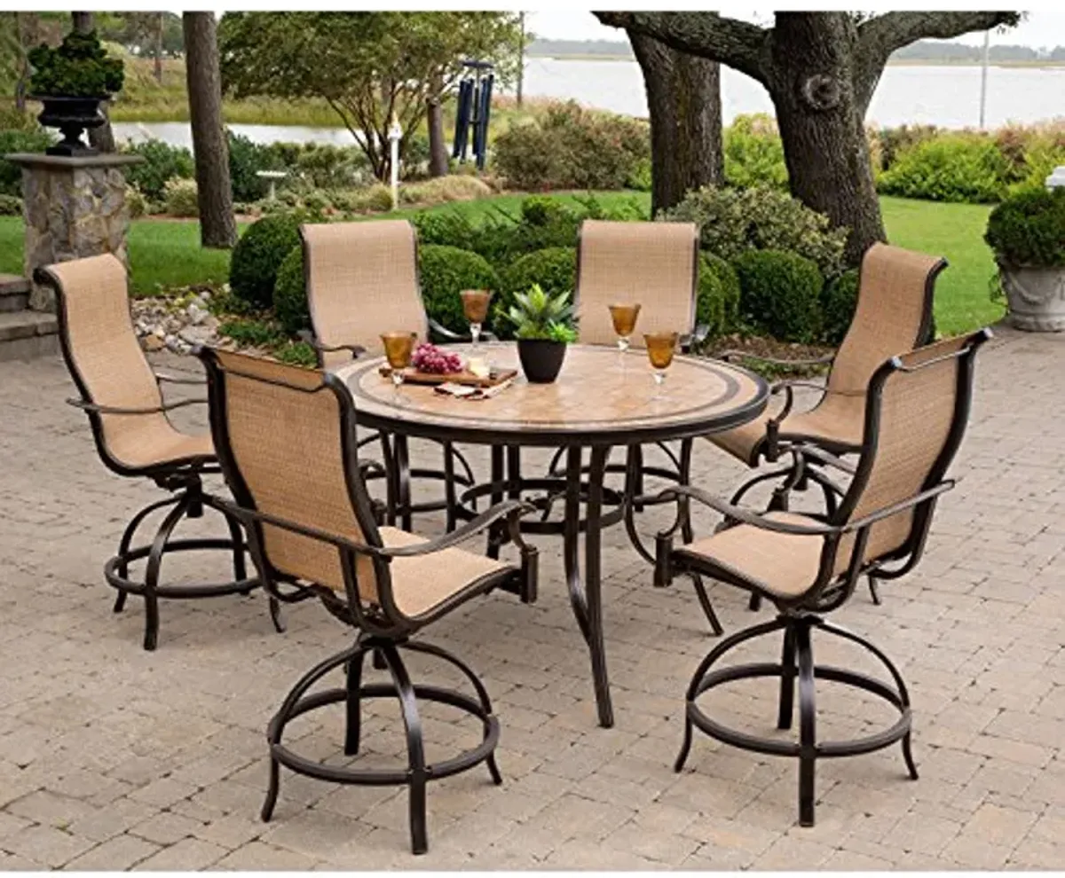 Hanover Monaco 7-Piece Outdoor Dining Set, Counter-Height Patio Dining Set for 6 with Contoured Swivel Chairs and a 56" Round Tile-Top Outdoor Table with Heavy-Duty Aluminum Frames, Weather-Resistant