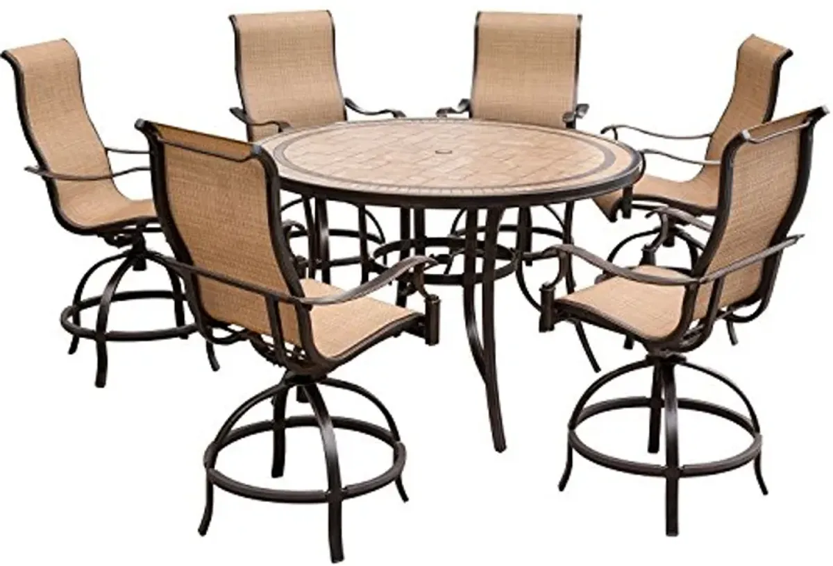 Hanover Monaco 7-Piece Outdoor Dining Set, Counter-Height Patio Dining Set for 6 with Contoured Swivel Chairs and a 56" Round Tile-Top Outdoor Table with Heavy-Duty Aluminum Frames, Weather-Resistant