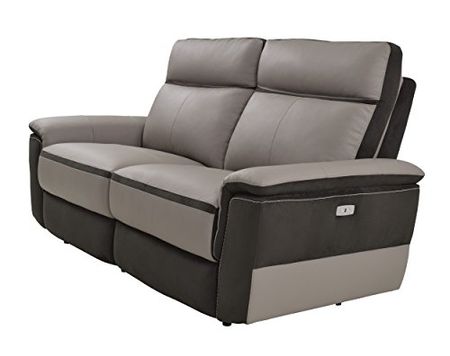 Homelegance Laertes Two-Tone Double Power Reclining Loveseat Top Grain Leather Fabric Match, Light Grey