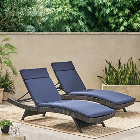 Christopher Knight Home Salem Outdoor Wicker Adjustable Chaise Lounge with Colored Cushions, 2-Pcs Set, Multibrown And Navy Blue
