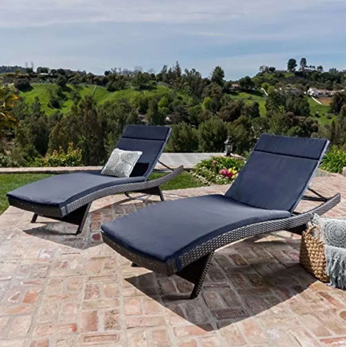 Christopher Knight Home Salem Outdoor Wicker Adjustable Chaise Lounge with Colored Cushions, 2-Pcs Set, Multibrown And Navy Blue