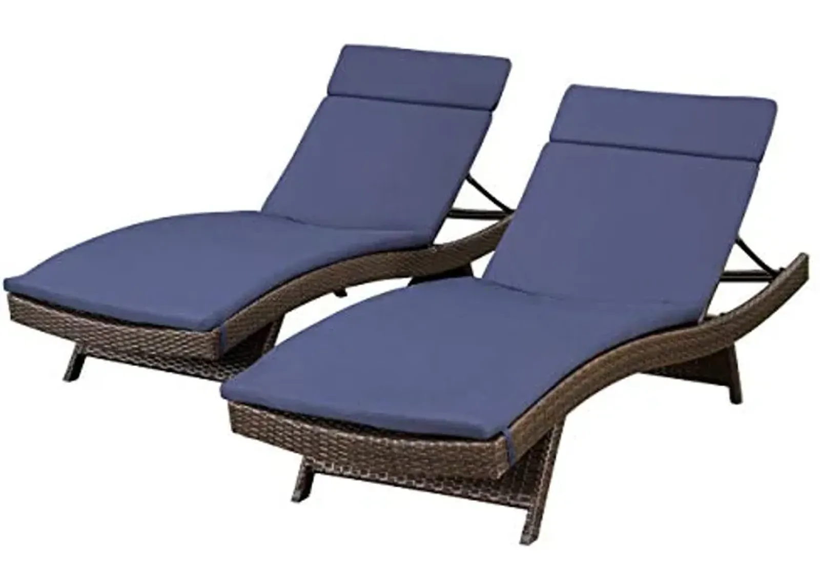 Christopher Knight Home Salem Outdoor Wicker Adjustable Chaise Lounge with Colored Cushions, 2-Pcs Set, Multibrown And Navy Blue