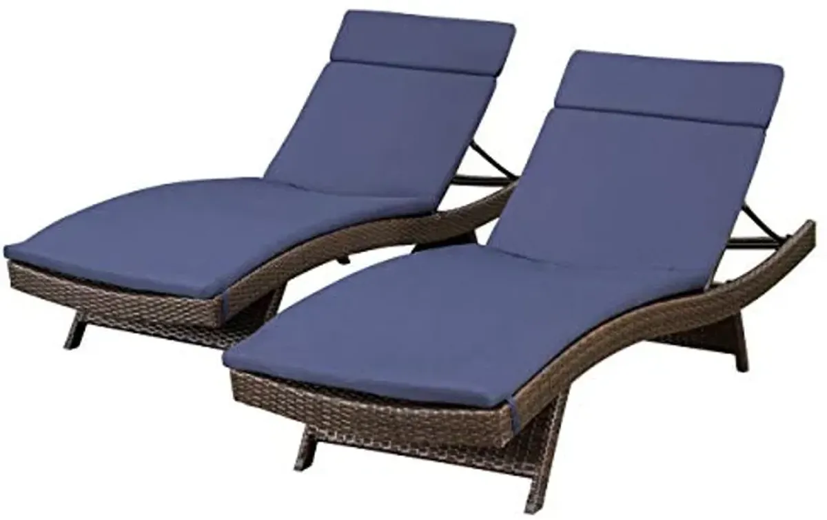 Christopher Knight Home Salem Outdoor Wicker Adjustable Chaise Lounge with Colored Cushions, 2-Pcs Set, Multibrown And Navy Blue