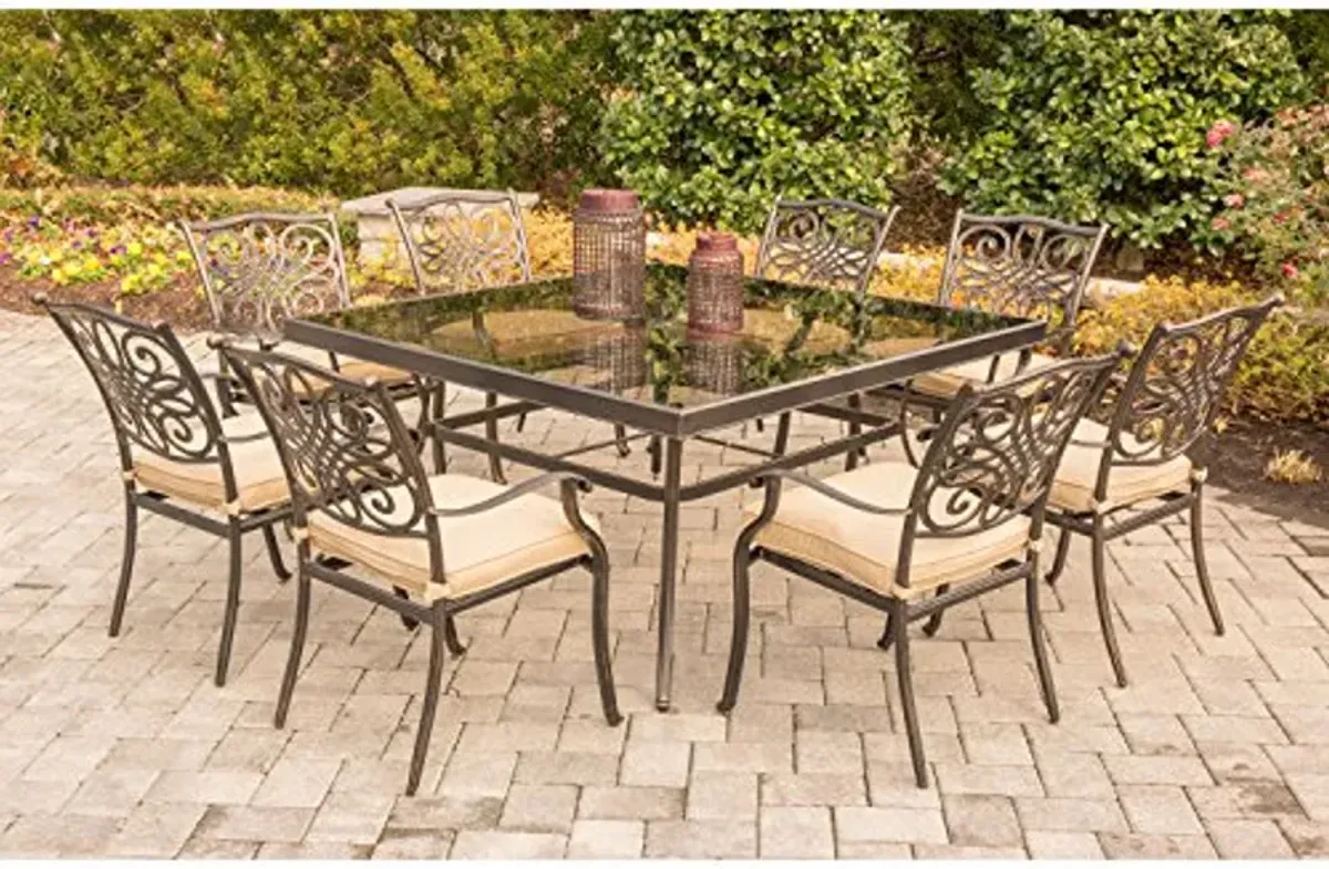 Hanover Traditions 9-Piece Outdoor Dining Set with 8 Dining Chairs, Quick-Drying Tan Cushions, and 60" Square Glass-Top Outdoor Dining Table, Weather and Rust Resistant Patio Dining Set