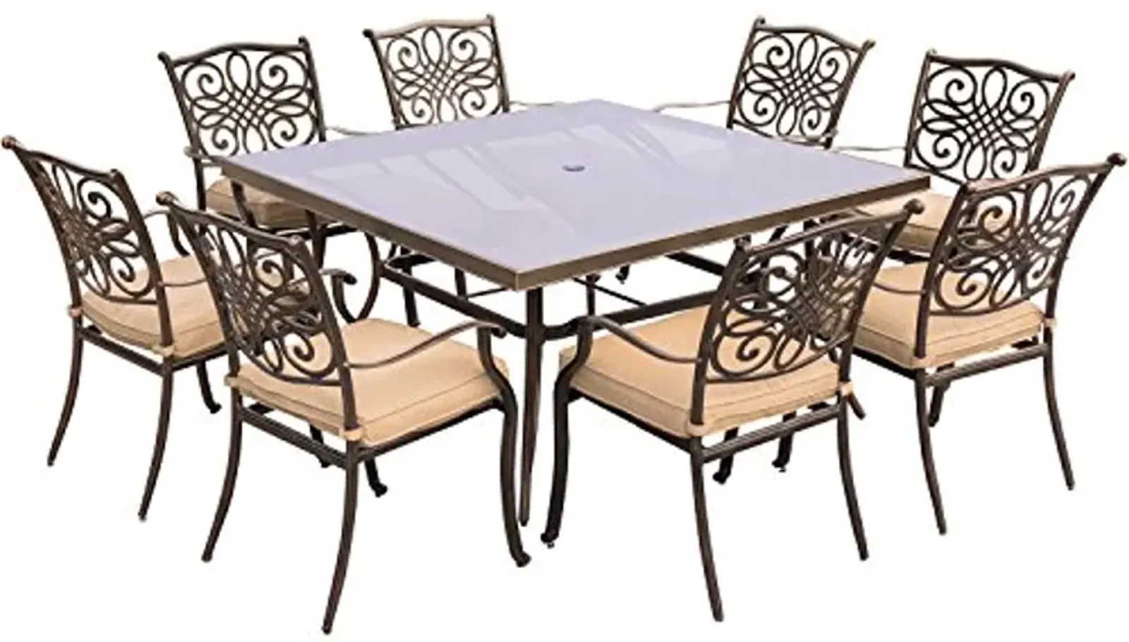 Hanover Traditions 9-Piece Outdoor Dining Set with 8 Dining Chairs, Quick-Drying Tan Cushions, and 60" Square Glass-Top Outdoor Dining Table, Weather and Rust Resistant Patio Dining Set