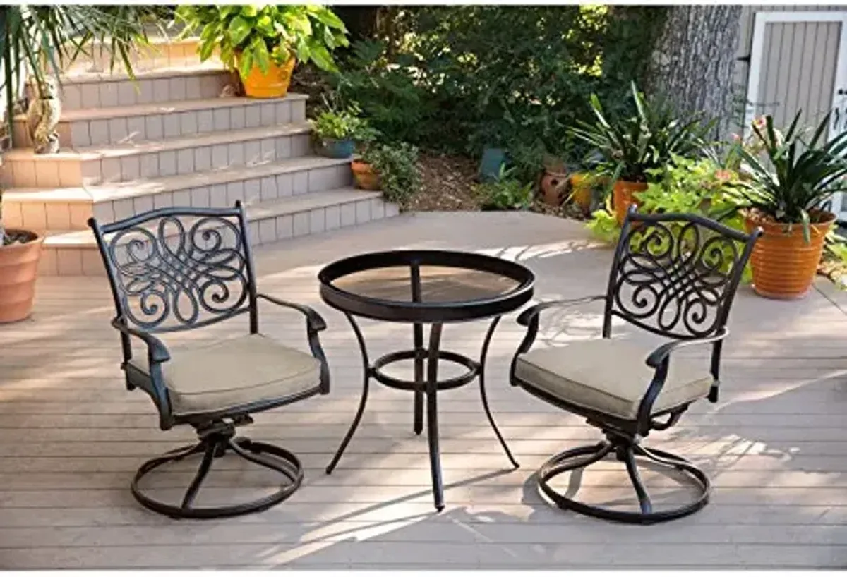 Hanover Traditions 3 Piece Swivel Bistro Set in Tan with 30" Glass-top Table
