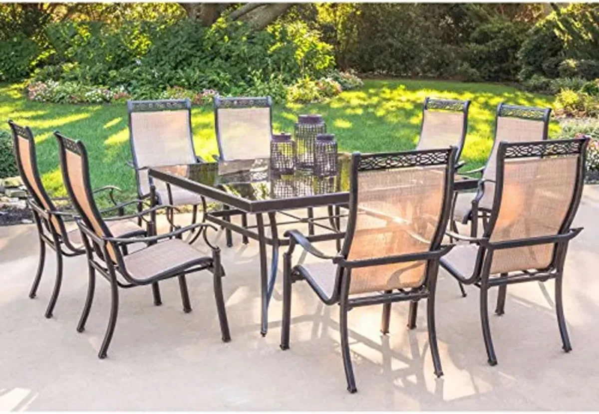 Hanover Monaco 9 Piece Set with 60" Square Glass-top Table and Eight Stationary Dining Chairs Outdoor Furniture, Tan