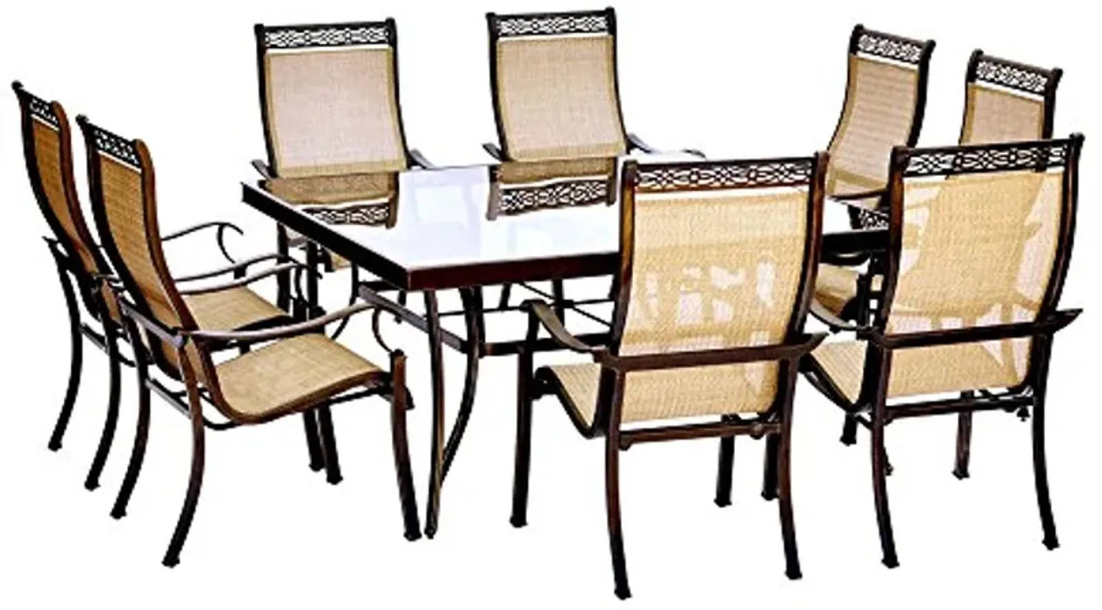 Hanover Monaco 9 Piece Set with 60" Square Glass-top Table and Eight Stationary Dining Chairs Outdoor Furniture, Tan