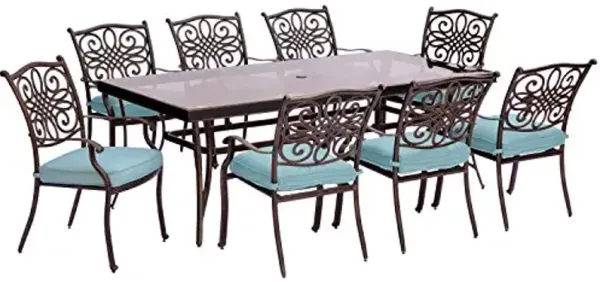 Hanover TRADDN9PCG-BLU Traditions 9 Piece Set in Blue with Extra-Long 84 x 41 Glass-Top Dining Table Outdoor Furniture