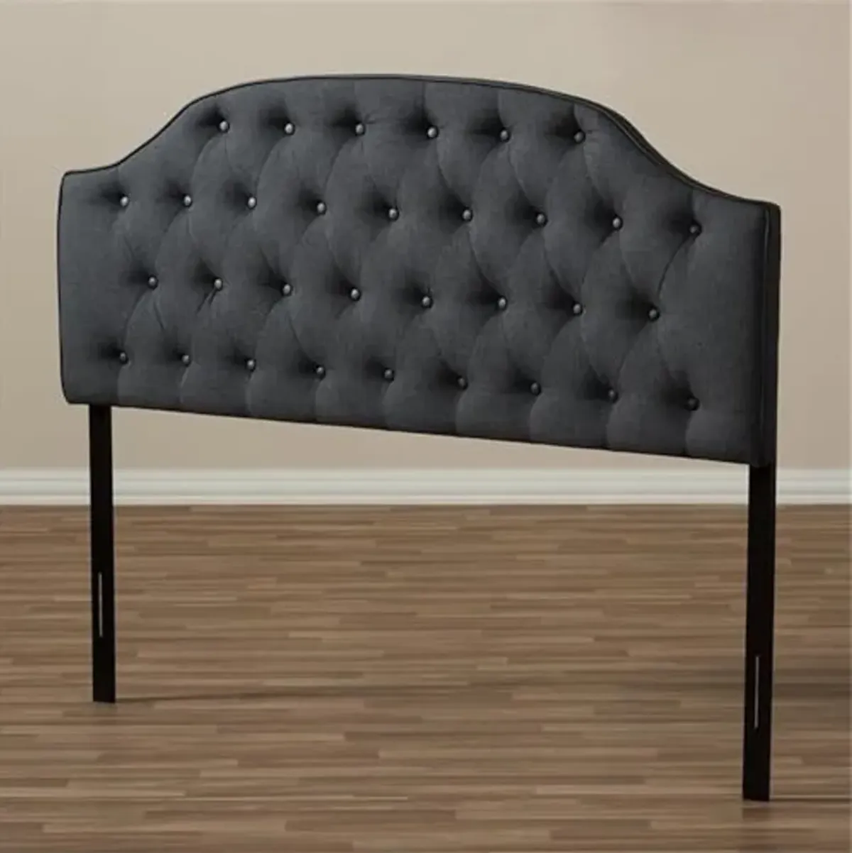 Baxton Studio Windsor Modern and Contemporary Dark Grey Fabric Upholstered Scalloped Buttoned Queen Size Headboard