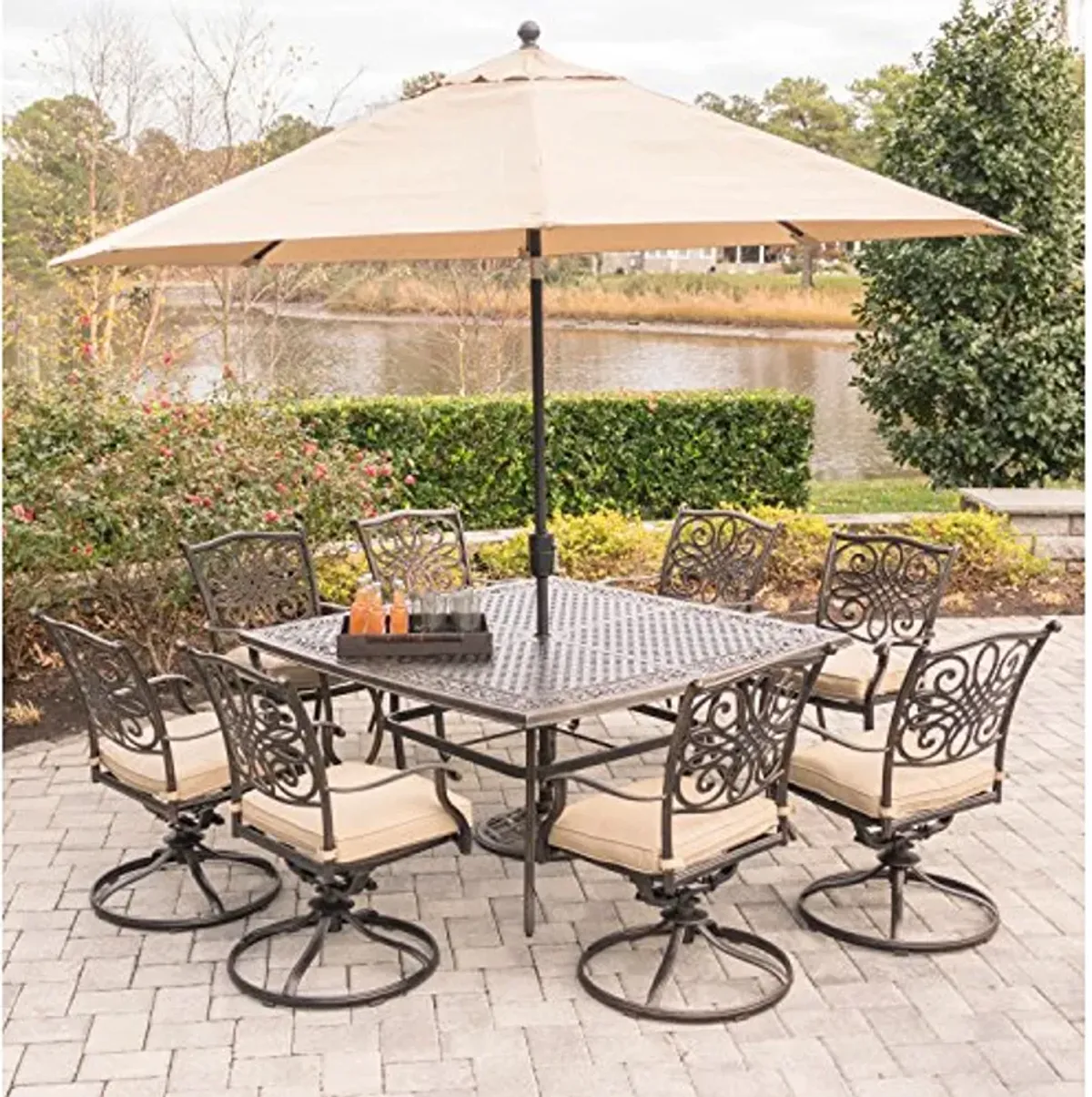 Hanover TRADDN9PCSWSQ8-SU Traditions 9 Piece Set in Tan with 60" Square Dining Table, 11' Umbrella Stand Outdoor Furniture