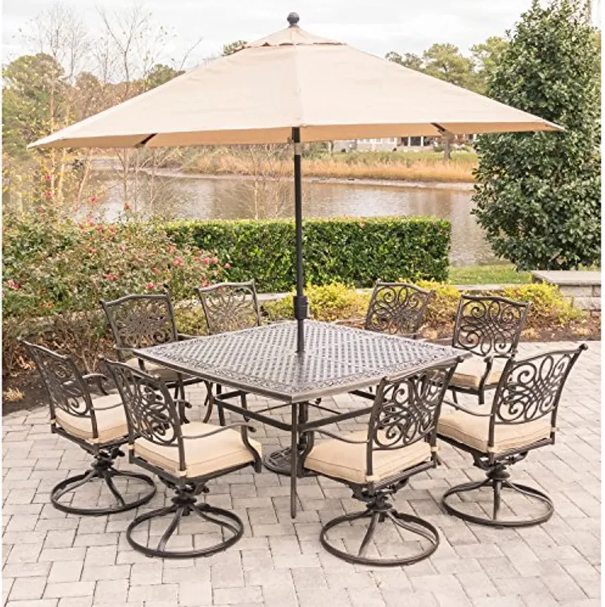 Hanover TRADDN9PCSWSQ8-SU Traditions 9 Piece Set in Tan with 60" Square Dining Table, 11' Umbrella Stand Outdoor Furniture