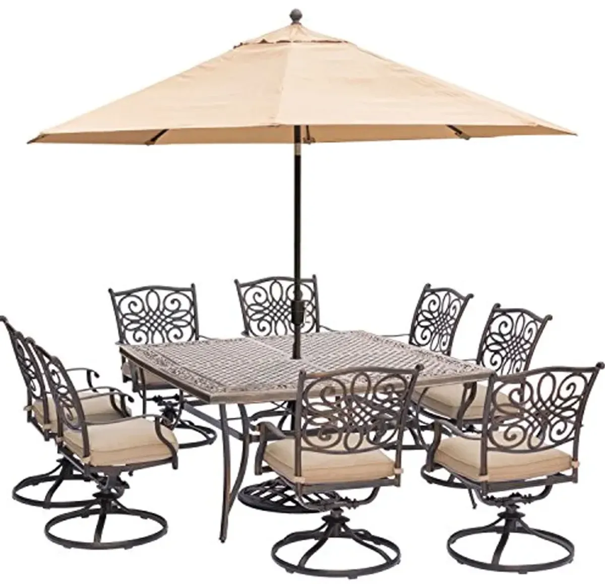 Hanover TRADDN9PCSWSQ8-SU Traditions 9 Piece Set in Tan with 60" Square Dining Table, 11' Umbrella Stand Outdoor Furniture