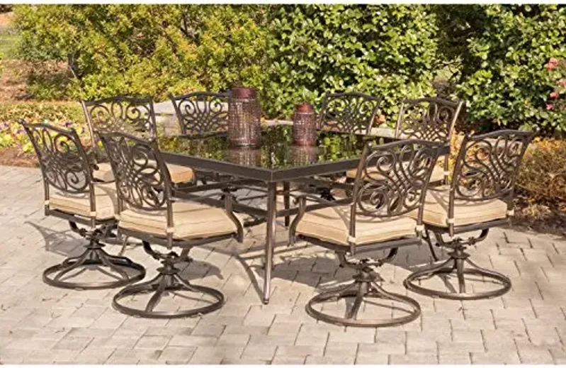 Hanover Traditions 9-Piece Outdoor Dining Set with Tan Cushions, 8 Swivel Rockers and Tempered Glass Square Dining Table, All-Weather, Rust-Resistant Aluminum Patio Dining Set for 8