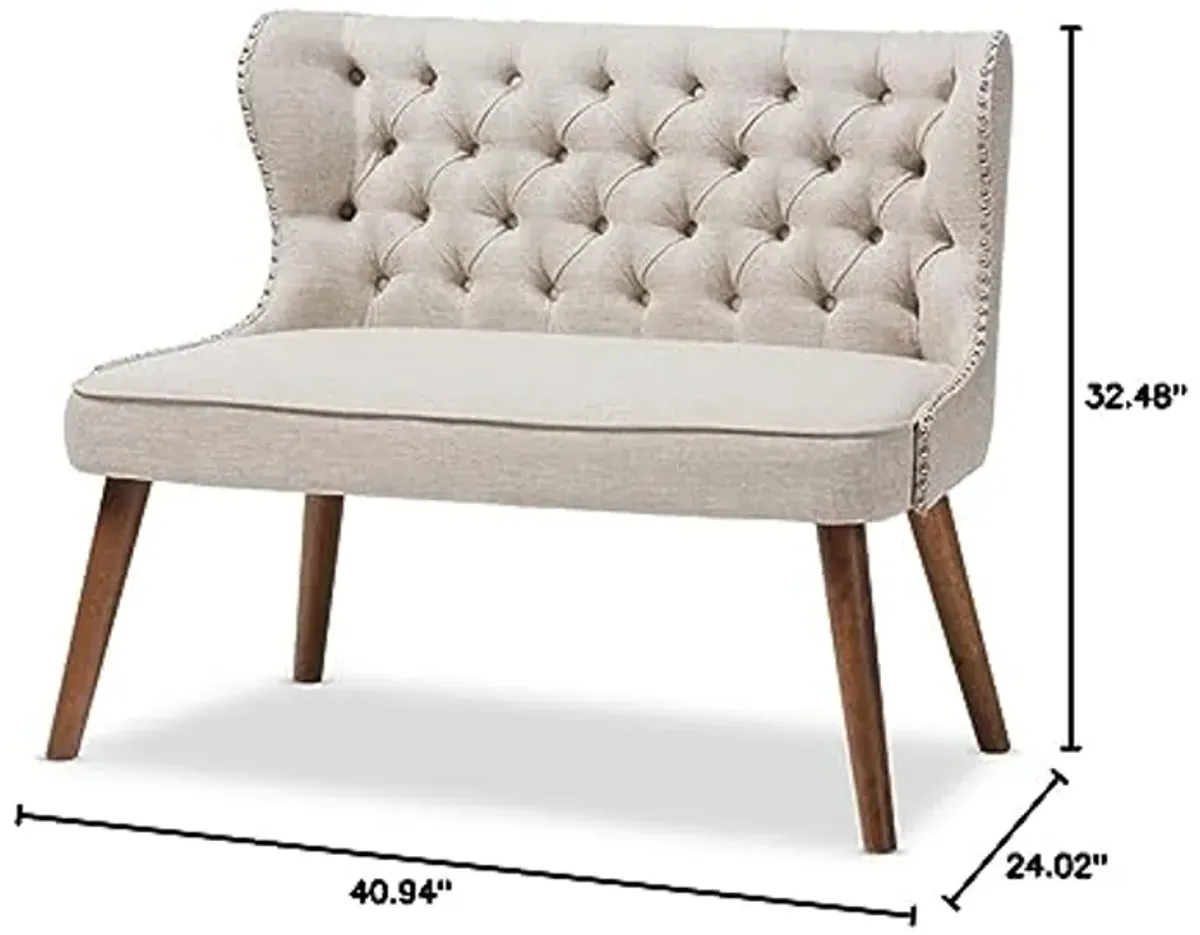 Baxton Studio Scarlett Mid-Century Modern Brown Wood and Light Beige Fabric Upholstered Button-Tufting with Nail Heads Trim 2-Seater Loveseat Settee