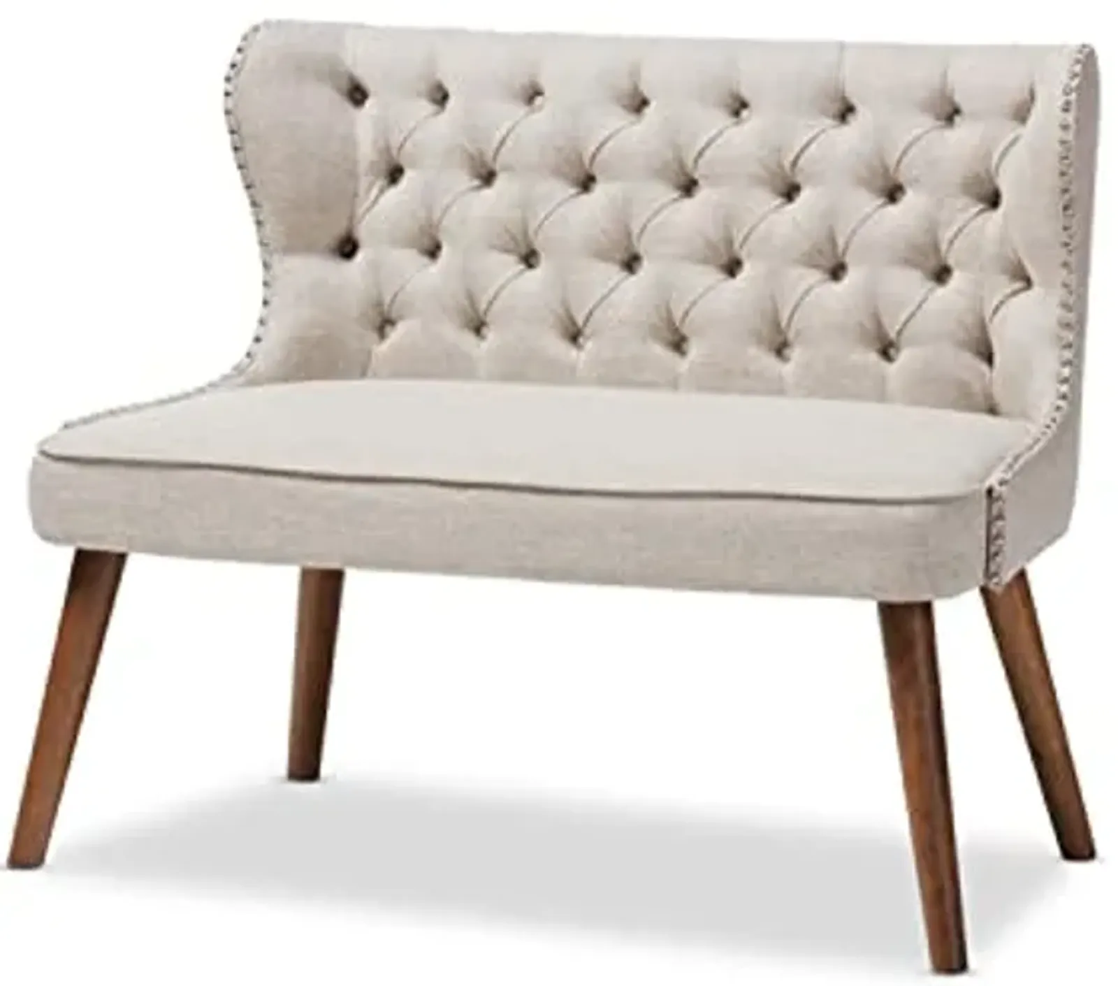 Baxton Studio Scarlett Mid-Century Modern Brown Wood and Light Beige Fabric Upholstered Button-Tufting with Nail Heads Trim 2-Seater Loveseat Settee