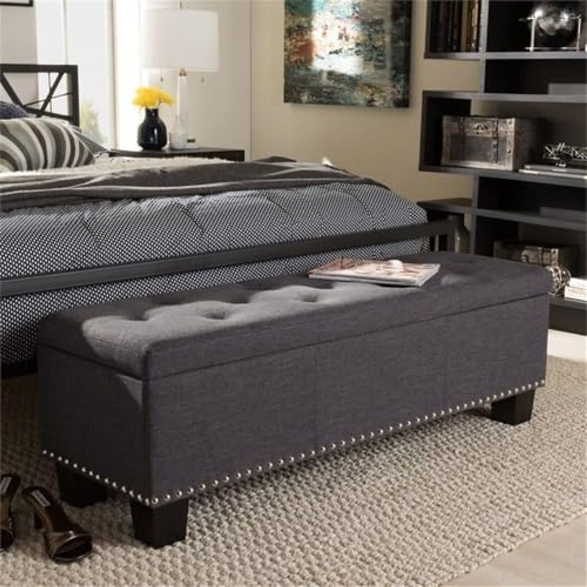 Baxton Studio Hannah Modern and Contemporary Upholstered Button-Tufting Storage Ottoman Bench Dark Grey