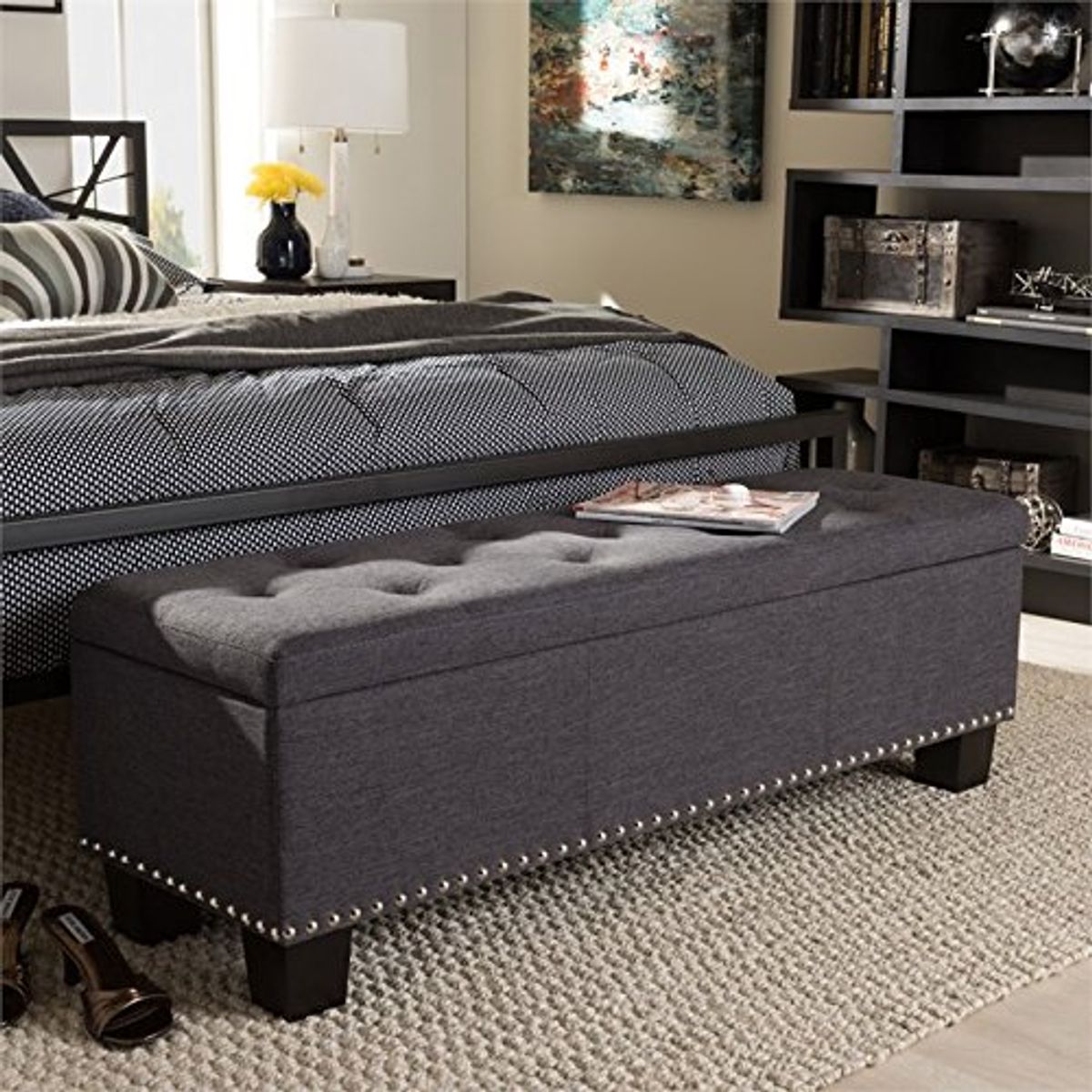 Baxton Studio Hannah Modern and Contemporary Upholstered Button-Tufting Storage Ottoman Bench Dark Grey