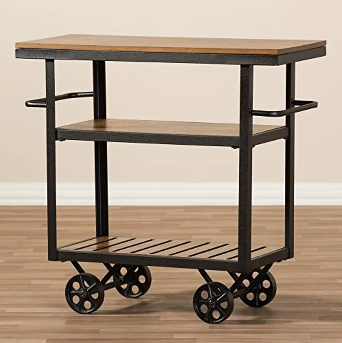 Baxton Studio Markese Antique Black Textured Finished Metal Distressed Wood Mobile Serving Cart