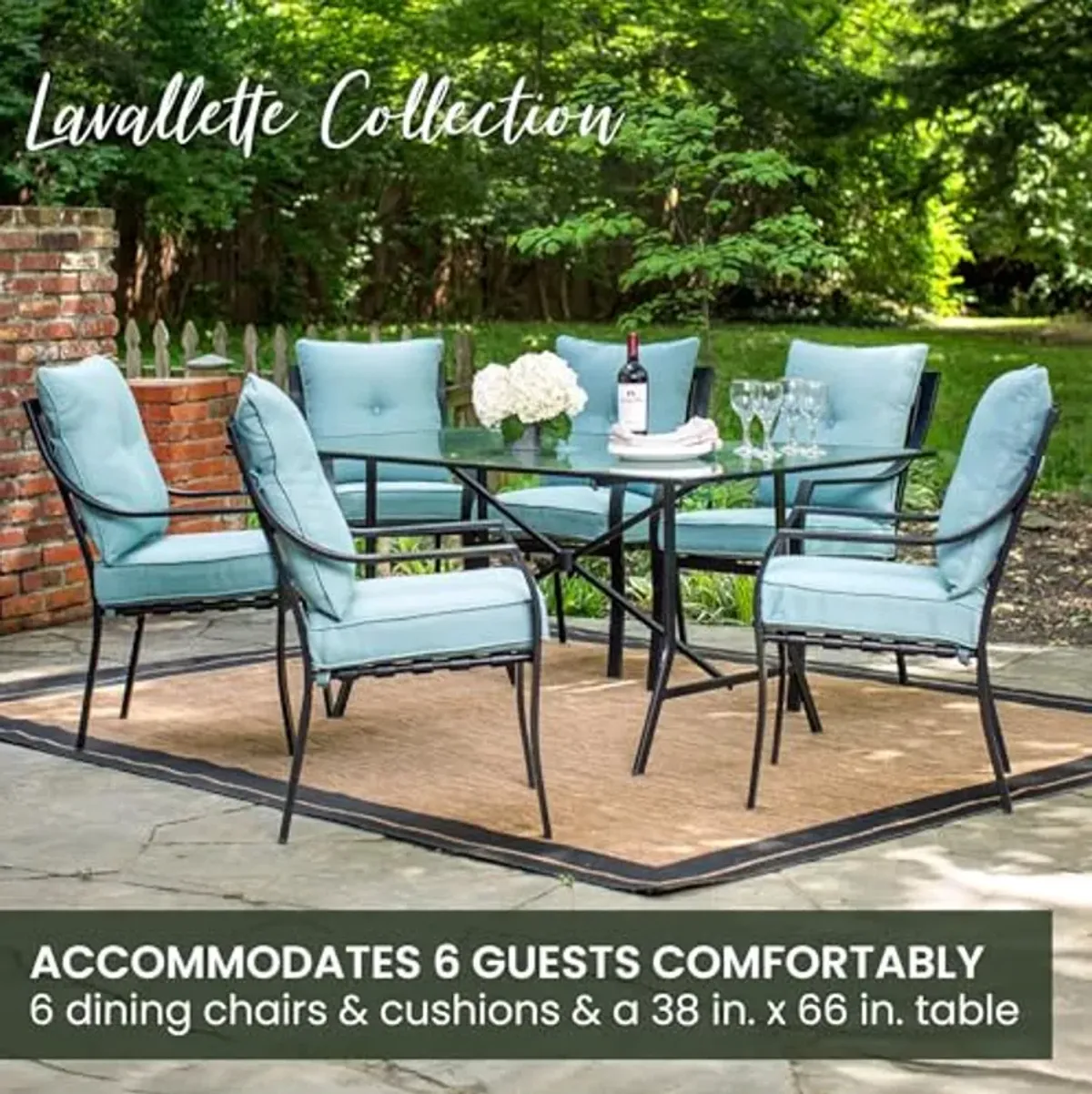 Hanover Lavallette 7-Piece Patio Dining Set, Steel Outdoor Dining Set with Ocean Blue Cushions, 6 Dining Chairs and Tempered Glass Rectangular Dining Table