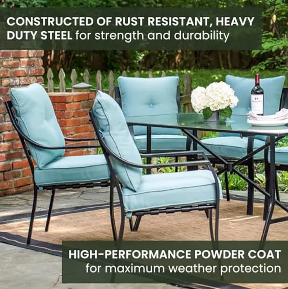 Hanover Lavallette 7-Piece Patio Dining Set, Steel Outdoor Dining Set with Ocean Blue Cushions, 6 Dining Chairs and Tempered Glass Rectangular Dining Table