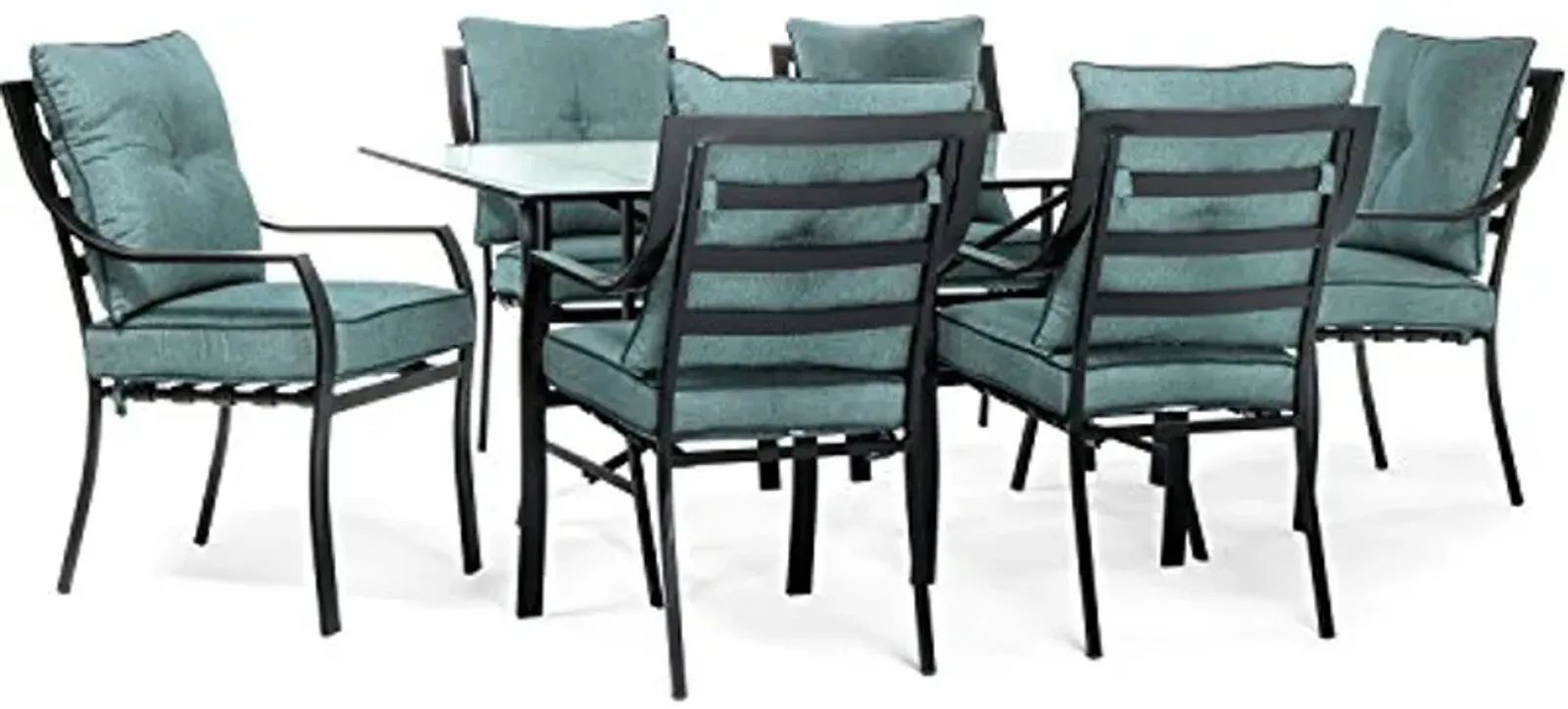 Hanover Lavallette 7-Piece Patio Dining Set, Steel Outdoor Dining Set with Ocean Blue Cushions, 6 Dining Chairs and Tempered Glass Rectangular Dining Table