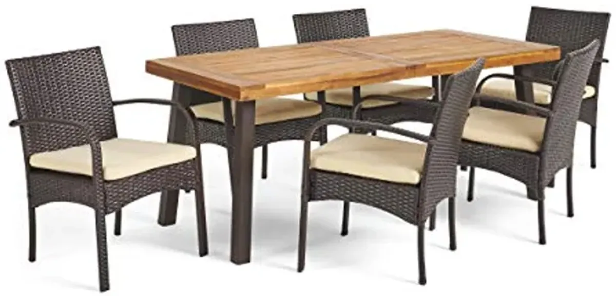 Christopher Knight Home Bavaro Wicker and Wood Dining Set, 7-Pcs Set, Multibrown / Crème / Teak Finish With Rustic Metal